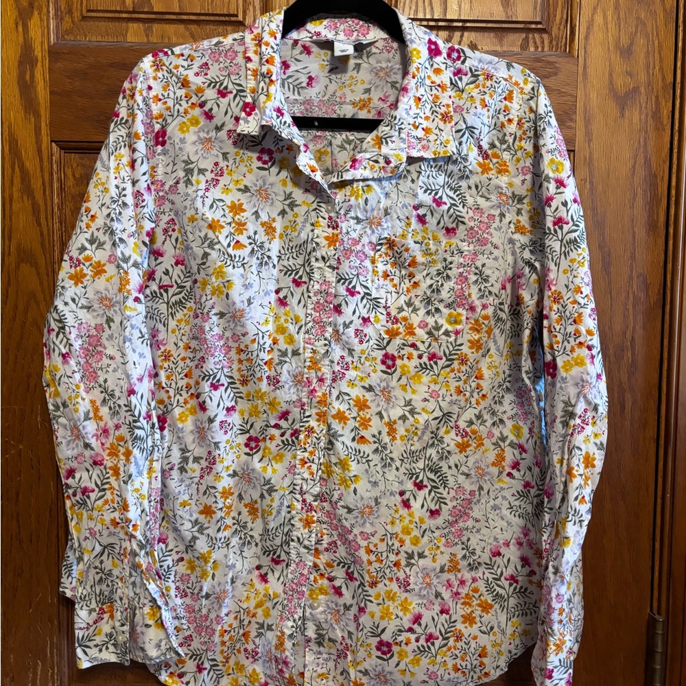 Old Navy White Floral Button-Up Shirt with Pink & Yellow Flowers